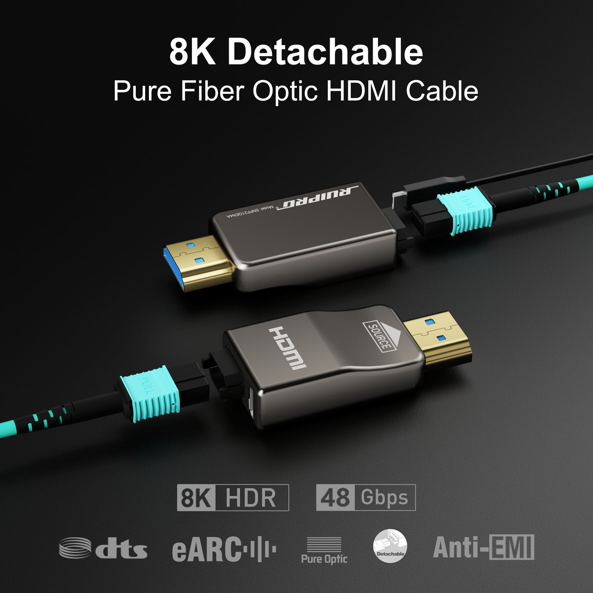 RUIPRO 8K Detachable Pure Fiber Optic HDMI 2.1 Cable, Ultra High Speed 48Gbps, Support 8K@60Hz 4K@120Hz, Dynamic HDR, eARC, Compatible with PS5/Xbox/HDTV/Blu-ray/Monitor/Projector
