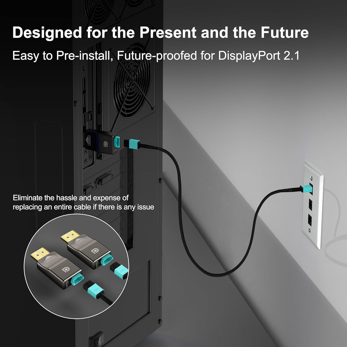 Detachable DisplayPort connector design for easy installation through conduits and tight spaces, future-proofed for DisplayPort 1.4 systems.