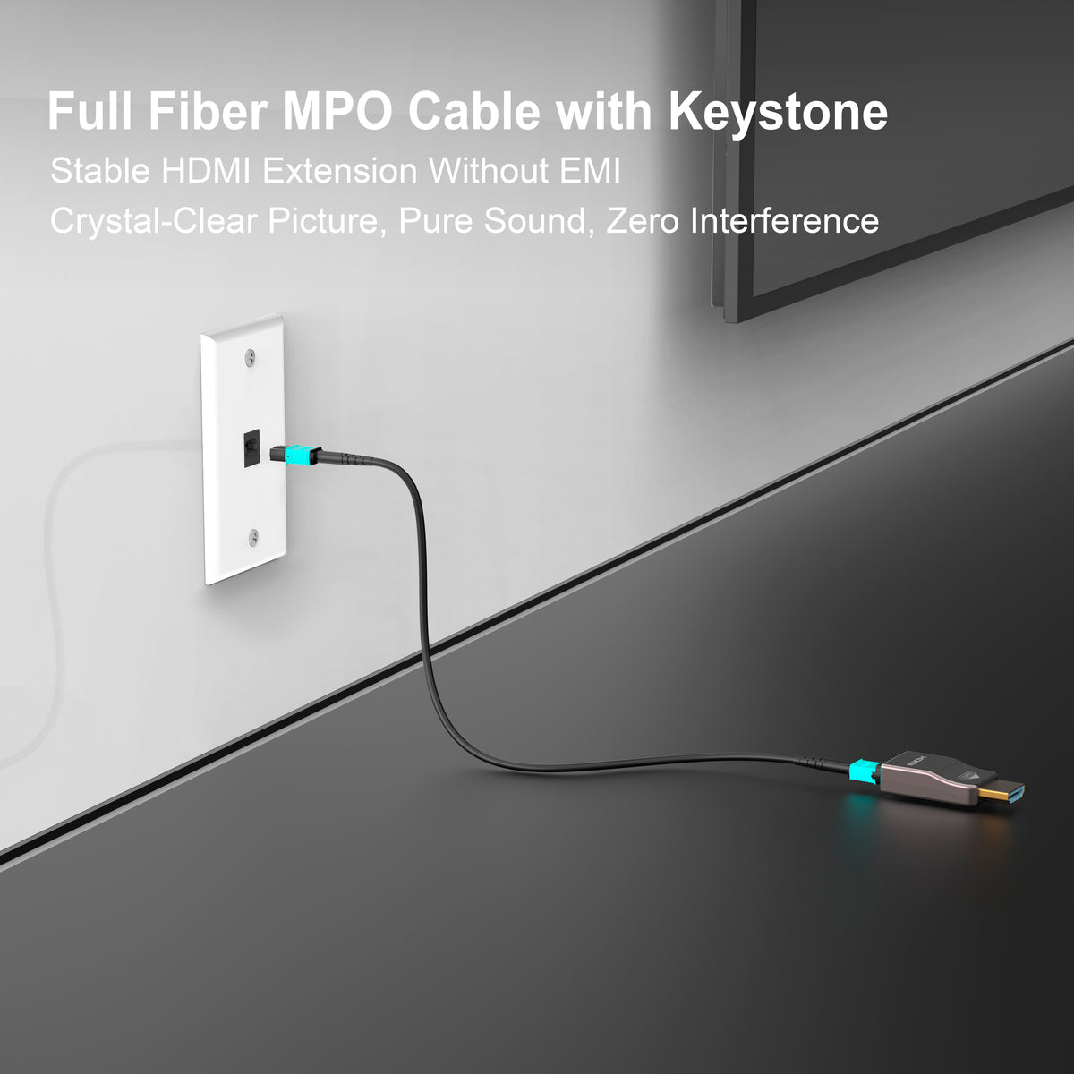 RUIPRO full fiber MPO cable used with detachable 8K fiber HDMI cable for EMI-free signal extension through wall.