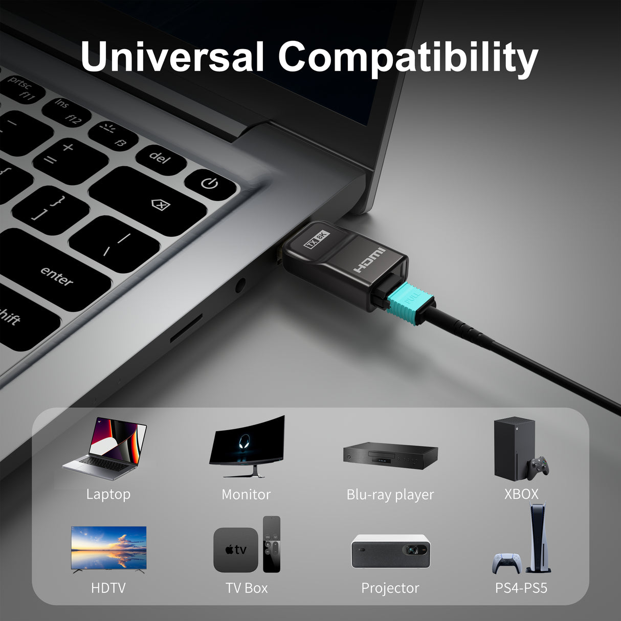 Universal compatibility HDMI 2.1 cable works with PS5, Xbox, Blu-ray players, gaming PCs, monitors, TVs, and projectors.