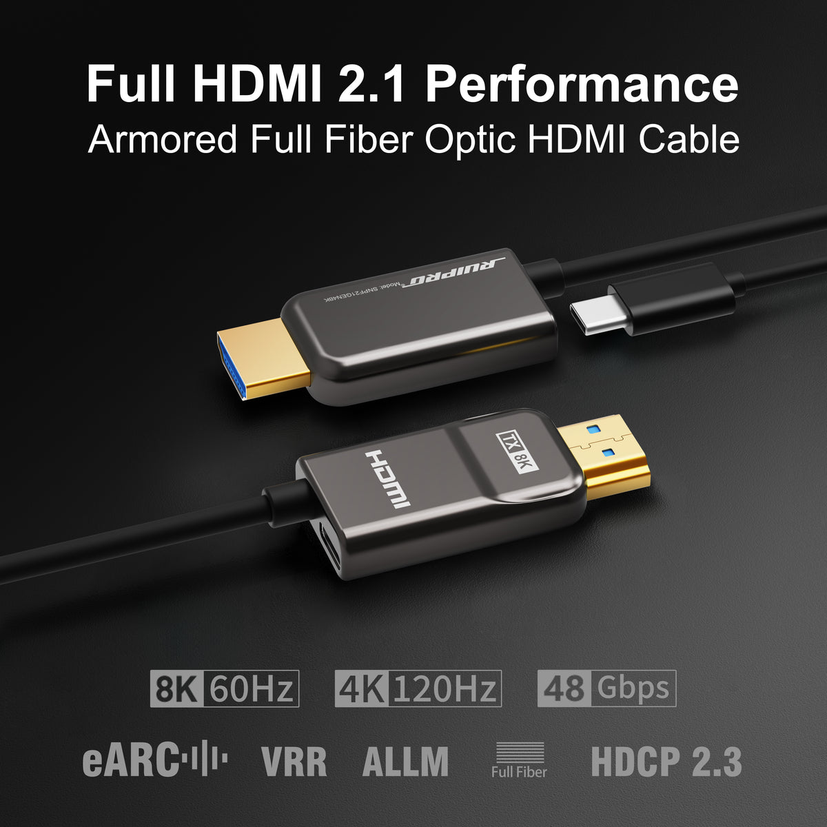 RUIPRO 8K Armored Full Fiber Optic HDMI 2.1 Cable, 48Gbps, 8K@60Hz / 4K@120Hz