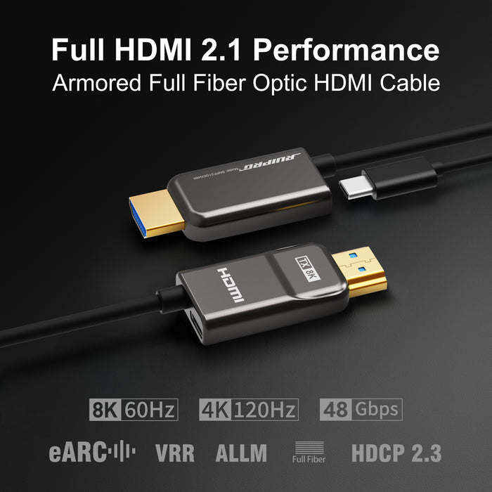 RUIPRO 8K Armored Full Fiber Optic HDMI 2.1 Cable, 48Gbps, 8K@60Hz / 4K@120Hz