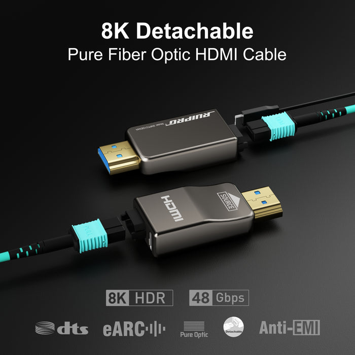 RUIPRO 8K Detachable Pure Fiber Optic HDMI 2.1 Cable, Ultra High Speed 48Gbps, Support 8K@60Hz 4K@120Hz, Dynamic HDR, eARC, Compatible with PS5/Xbox/HDTV/Blu-ray/Monitor/Projector