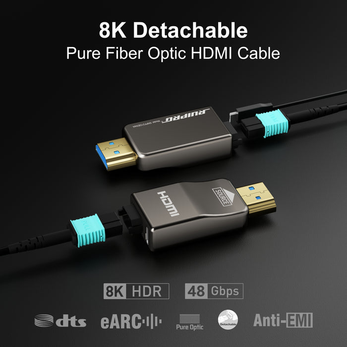 RUIPRO 8K Detachable Pure Fiber Optic Armored HDMI 2.1 Cable, Ultra High Speed 48Gbps, Support 8K@60Hz 4K@120Hz, Dynamic HDR, eARC, Compatible with PS5/Xbox/HDTV/Blu-ray/Monitor/Projector