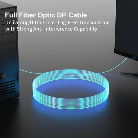 RUIPRO detachable DisplayPort full-fiber optic cable connecting a desktop PC to a monitor for long-distance, EMI-resistant video transmission.