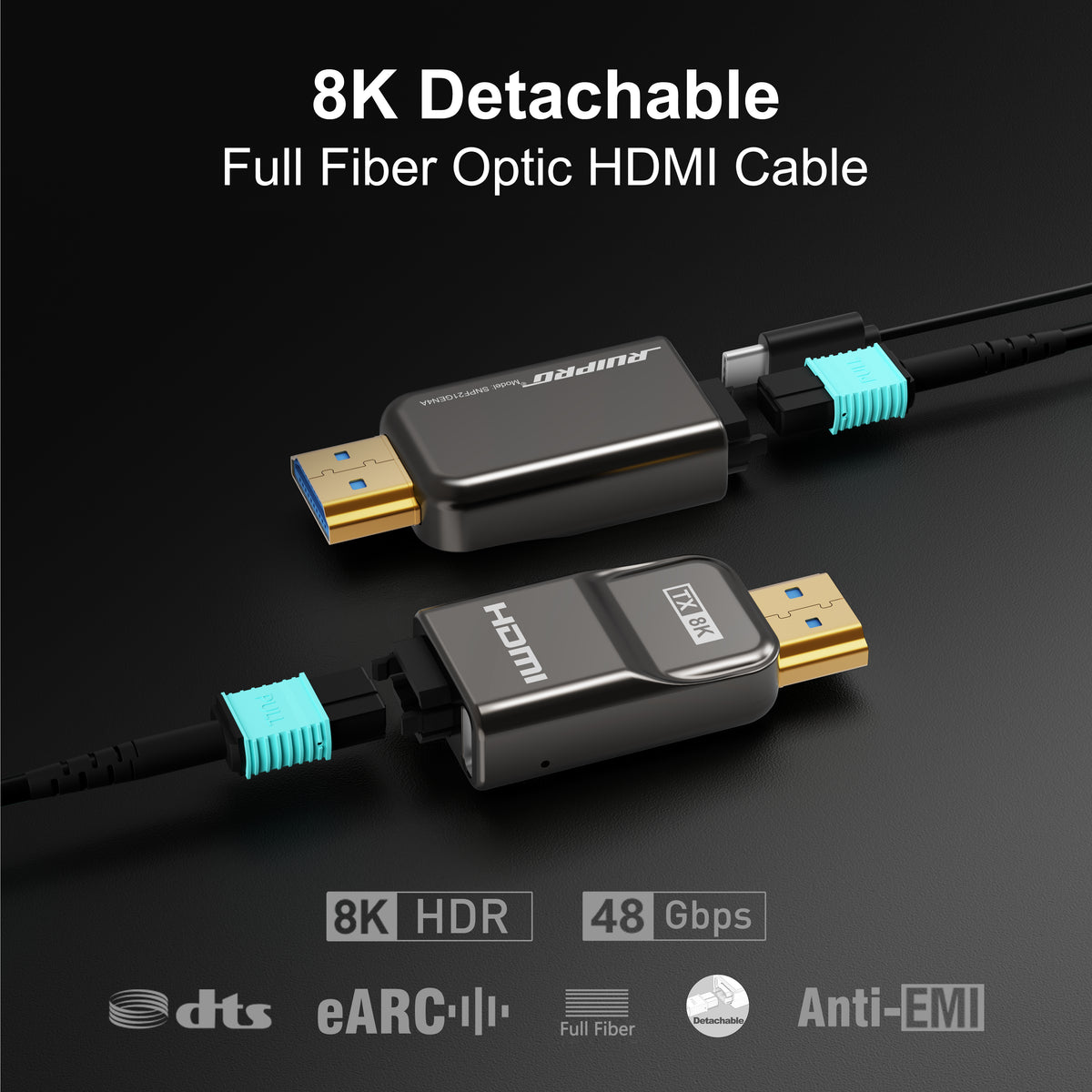 RUIPRO 8K detachable full fiber HDMI 2.1 cable supporting 48Gbps bandwidth, HDR, eARC, VRR and ALLM for high-performance home entertainment and gaming.