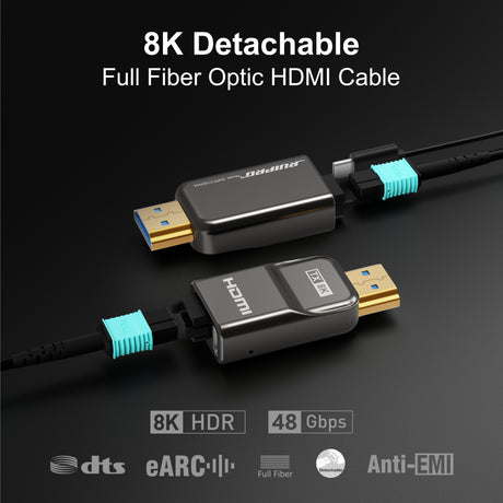 RUIPRO 8K detachable full fiber HDMI 2.1 cable supporting 48Gbps bandwidth, HDR, eARC, VRR and ALLM for high-performance home entertainment and gaming.