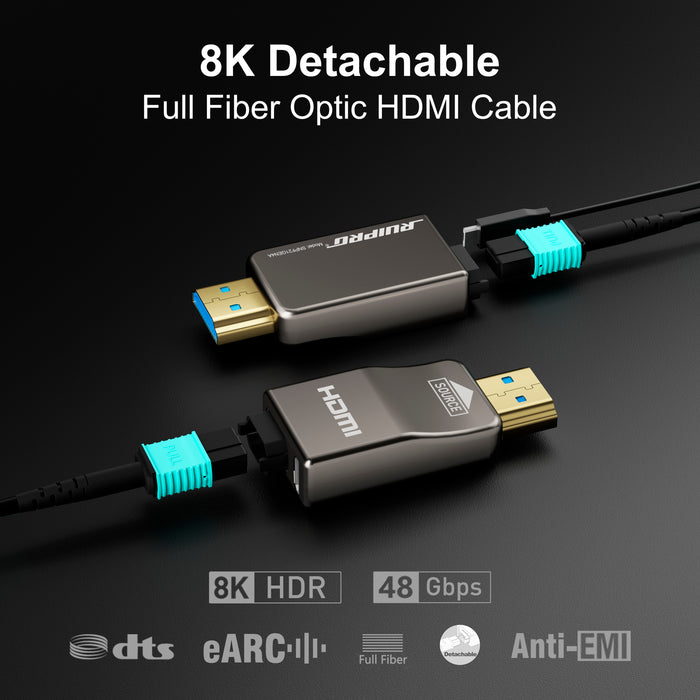 RUIPRO 8K detachable full fiber HDMI 2.1 cable supporting 48Gbps bandwidth, HDR, eARC, VRR and ALLM for high-performance home entertainment and gaming.