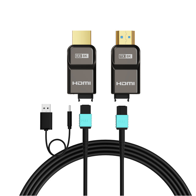 RUIPRO 8K detachable full fiber optic HDMI 2.1 cable with USB power supply, ultra high speed 48Gbps transmission for HDTV, gaming consoles, monitors and projectors.