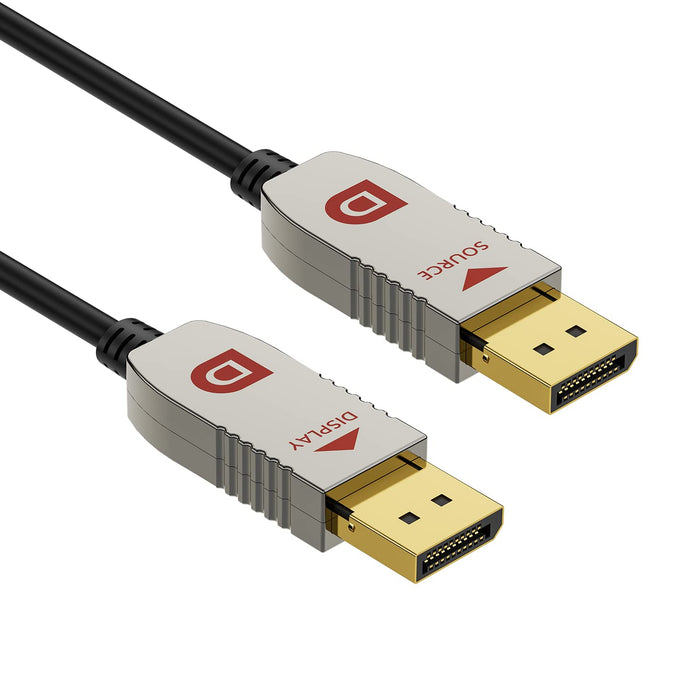 Slim and flexible 8K fiber DisplayPort cable with minimized plug design and longer shaft for easy installation in tight spaces, no external power required.