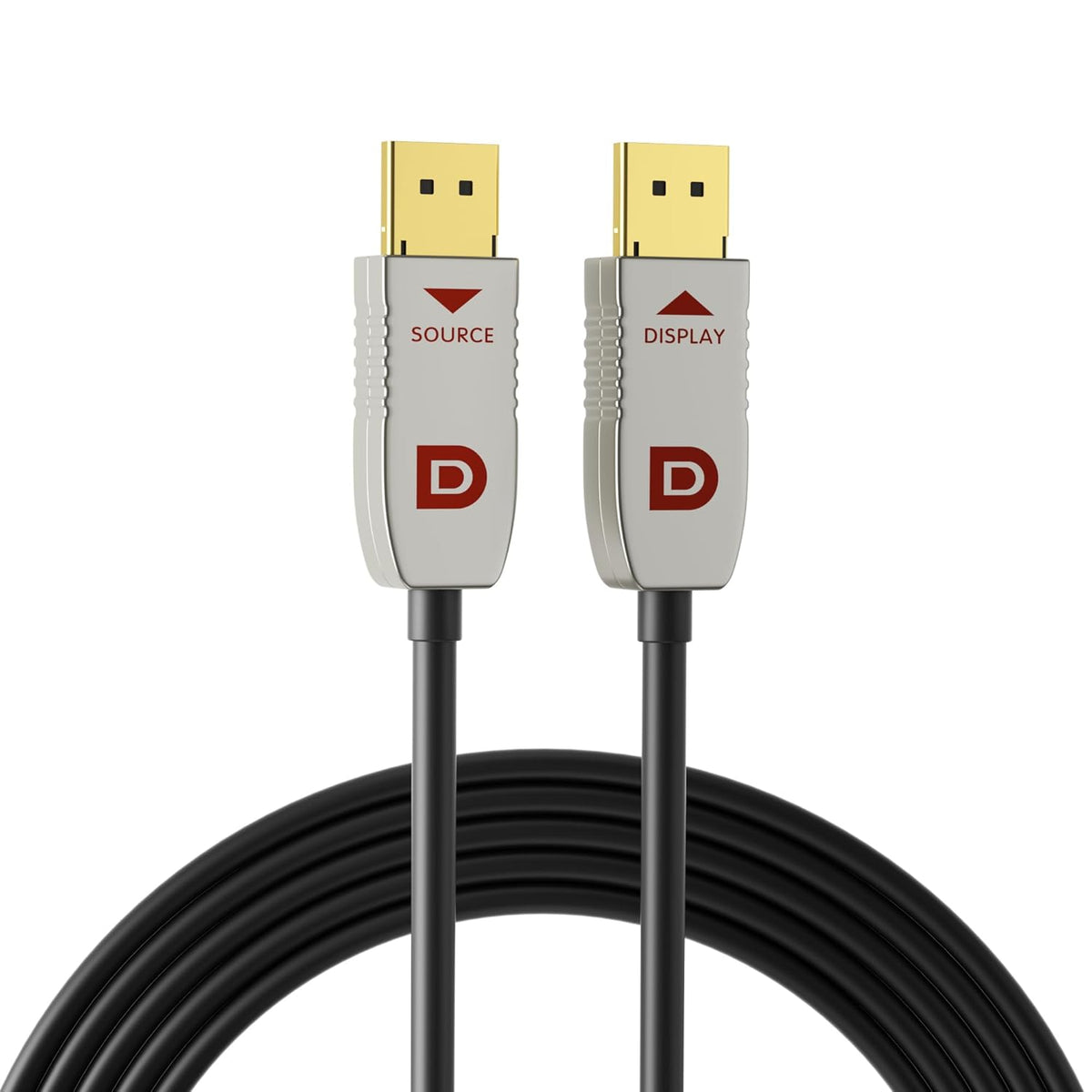 RUIPRO 8K fiber DisplayPort cable with clearly labeled Source and Display ends, supporting 32.4Gbps DP1.4 high speed transmission for 8K60Hz displays.