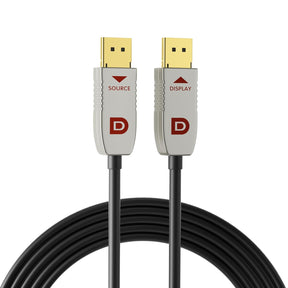 RUIPRO 8K fiber DisplayPort cable with clearly labeled Source and Display ends, supporting 32.4Gbps DP1.4 high speed transmission for 8K60Hz displays.
