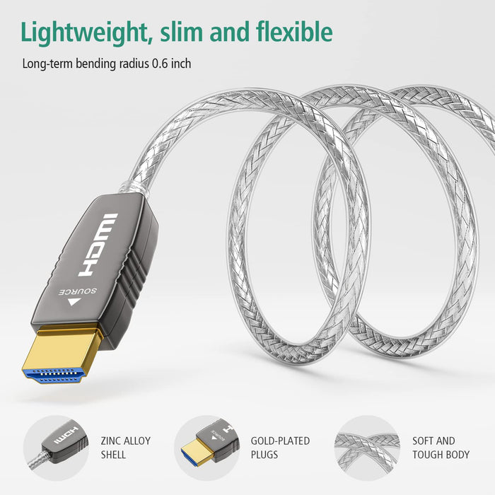 Lightweight and flexible RUIPRO 8K HDMI 2.1b Fiber Cable, slim design with 48Gbps bandwidth, 8K60Hz HDR and ARC support for easy installation.