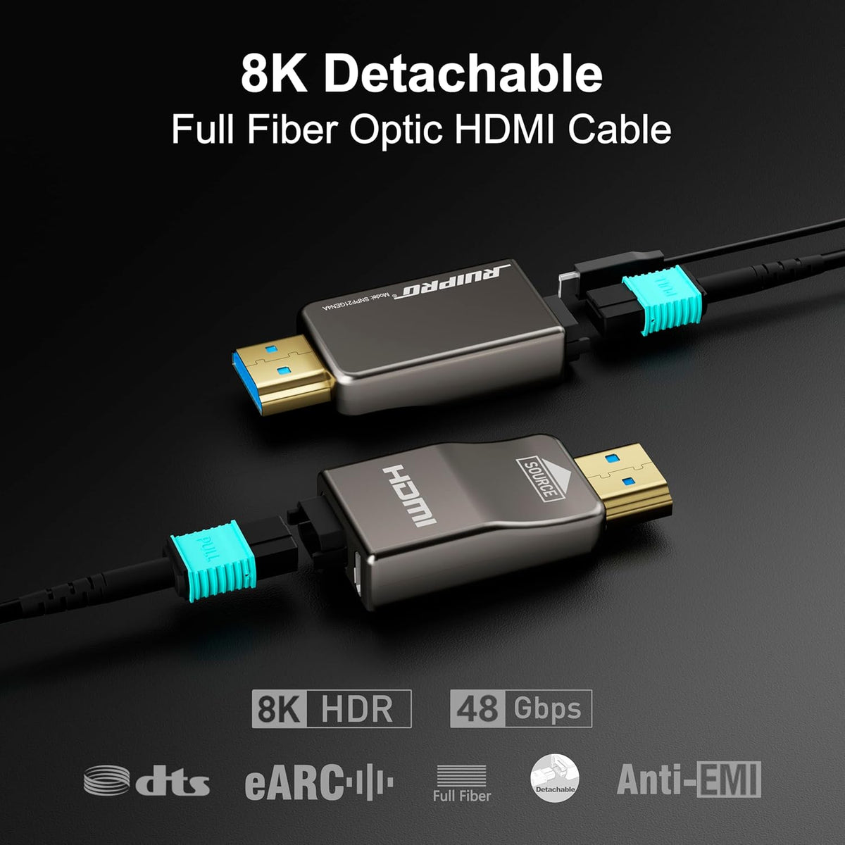 Supports 8K60Hz and 4K120Hz with 48Gbps bandwidth, HDR10+, Dolby Vision, eARC and EMI-free signal transmission.