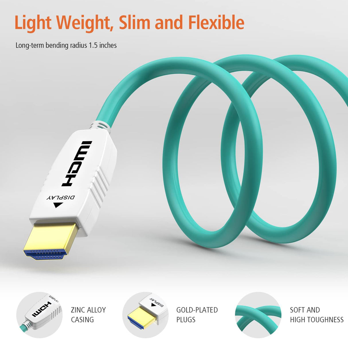 Lightweight and flexible RUIPRO 8K fiber optic HDMI cable designed for easy in-wall routing and long-distance stable signal transmission.