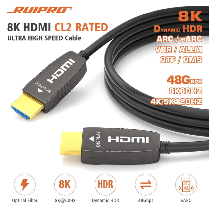 RUIPRO 8K HDMI 2.1 CL2 rated fiber optic cable supports 48Gbps bandwidth, 8K60Hz, 4K120Hz, Dynamic HDR, eARC and VRR for high performance installations.