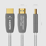 RUIPRO 8K HDMI 2.1b Fiber Cable with directional connectors, accurate length dimensions, and slim plug design for easy routing.