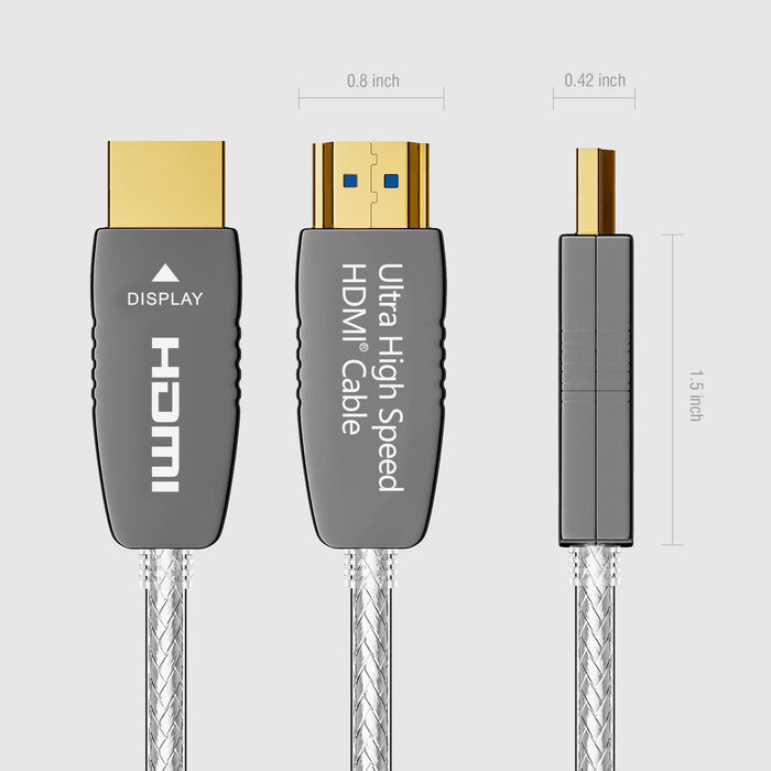 RUIPRO 8K HDMI 2.1b Fiber Cable with directional connectors, accurate length dimensions, and slim plug design for easy routing.