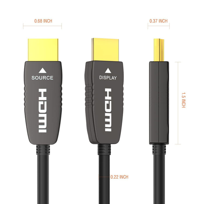 Directional fiber optic HDMI cable with clearly labeled SOURCE and DISPLAY connectors for correct installation in home theater systems.