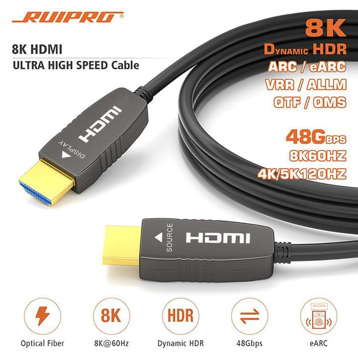 RUIPRO 8K CL2 Rated Certified Fiber Optic HDMI Cable supporting 48Gbps bandwidth, 8K60Hz, 4K120Hz, Dynamic HDR, eARC, and HDCP 2.3.