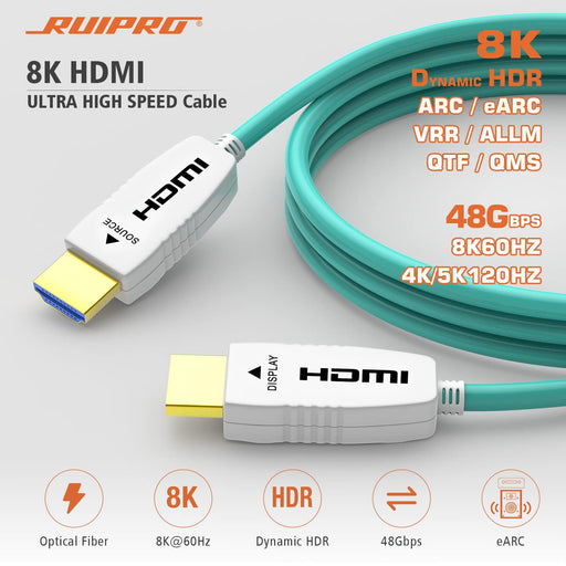 RUIPRO Ultra High Speed 8K HDMI cable supporting Dynamic HDR, VRR, ALLM, eARC and full 48Gbps bandwidth for smooth gaming and cinematic clarity.
