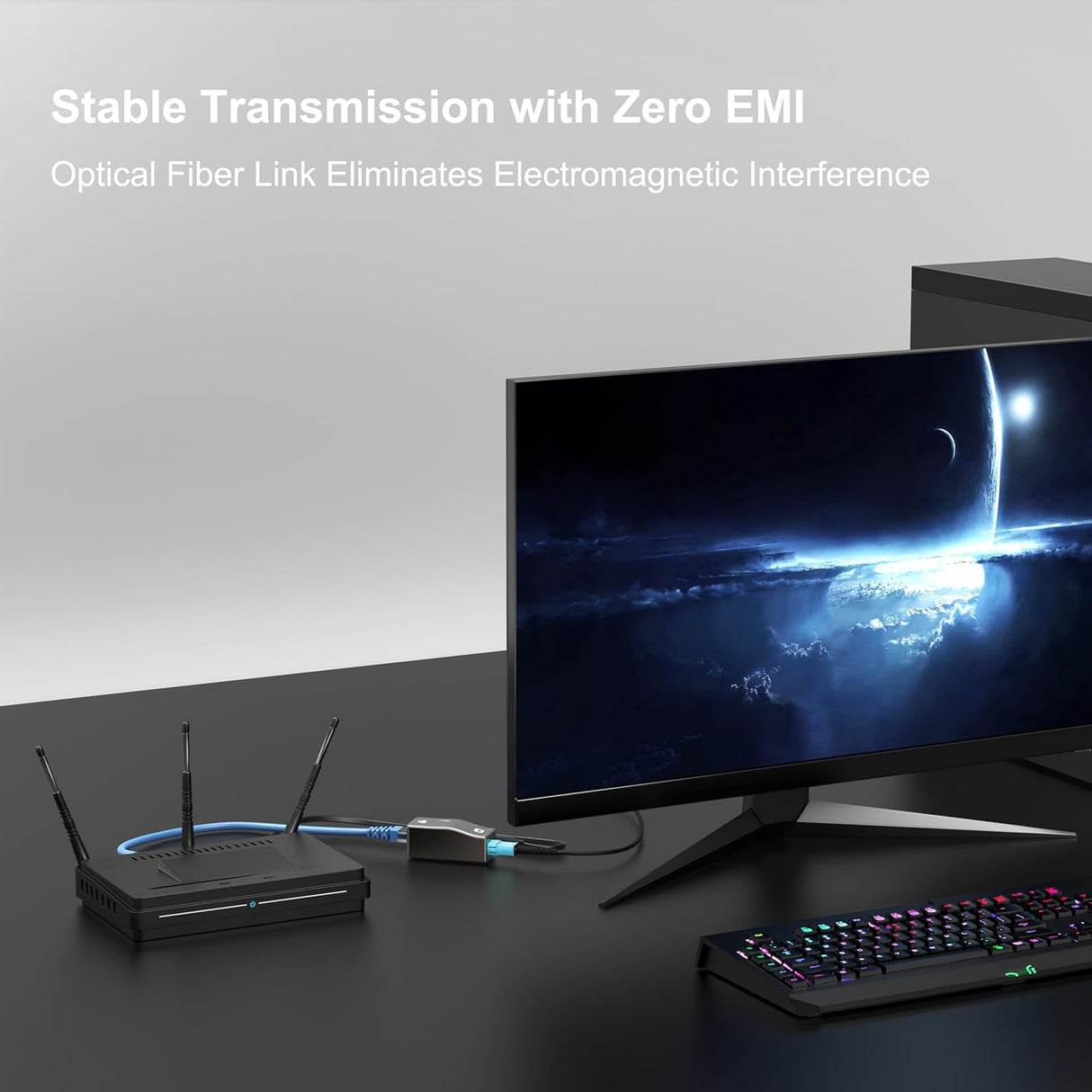 RUIPRO active fiber Ethernet modules delivering stable, EMI-free Ethernet transmission over optical fiber in a home and gaming setup