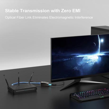 RUIPRO active fiber Ethernet modules delivering stable, EMI-free Ethernet transmission over optical fiber in a home and gaming setup
