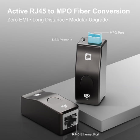 RUIPRO active RJ45 to MPO fiber Ethernet conversion module featuring USB power input and standard RJ45 Ethernet port