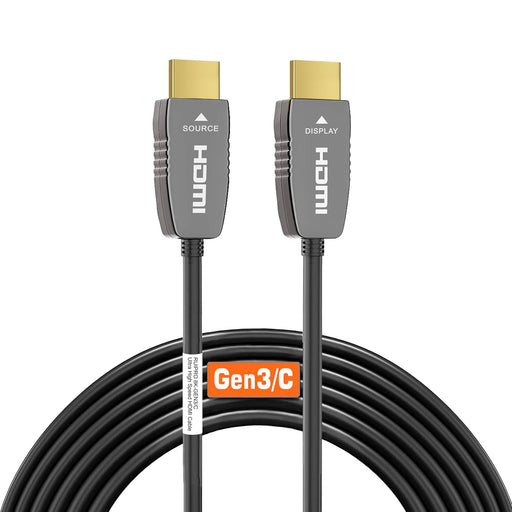 RUIPRO Certified 8K HDMI fiber optic cable Gen3/C version, CL2 rated for in-wall installation, supporting 48Gbps bandwidth, 8K60Hz and 4K120Hz.