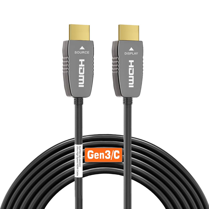 RUIPRO Certified 8K HDMI fiber optic cable Gen3/C version, CL2 rated for in-wall installation, supporting 48Gbps bandwidth, 8K60Hz and 4K120Hz.