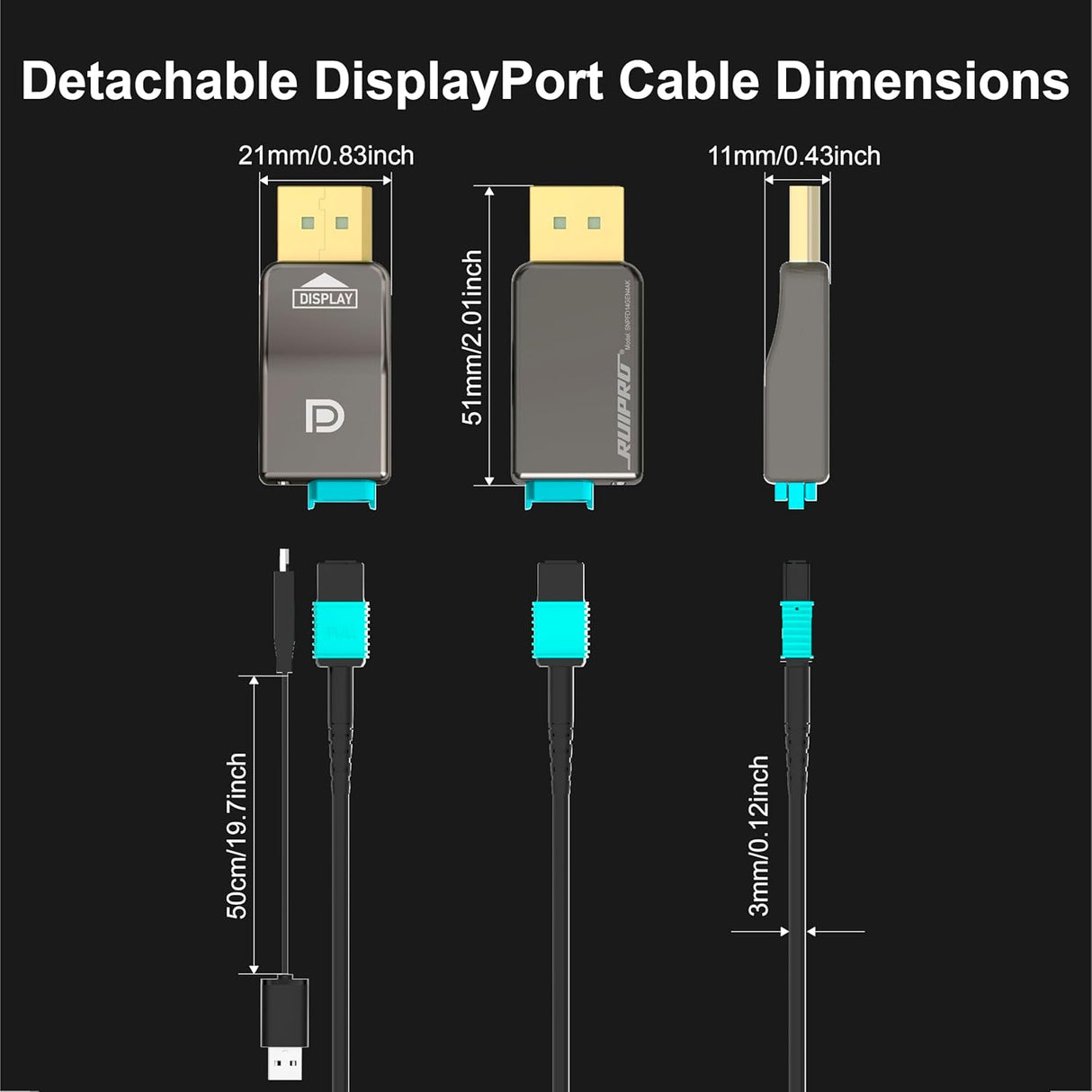 DisplayPort cable dimensions and connector size reference for routing through cabinets, wall setups, or desktop cable management.