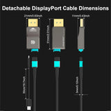 DisplayPort cable dimensions and connector size reference for routing through cabinets, wall setups, or desktop cable management.