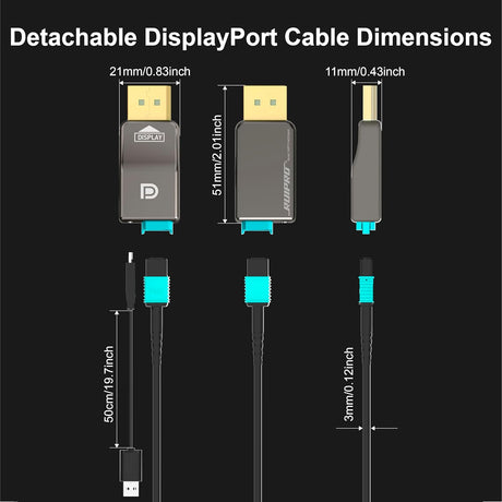 DisplayPort cable dimensions and connector size reference for routing through cabinets, wall setups, or desktop cable management.