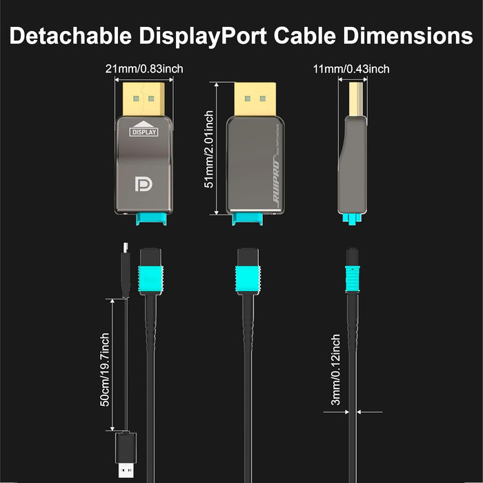 Dimensions and size chart for RUIPRO detachable DisplayPort fiber optic connectors with MPO interface