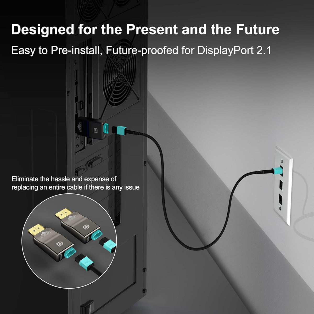 Detachable DisplayPort connector design for easy installation through conduits and tight spaces, future-proofed for DisplayPort 1.4 systems.
