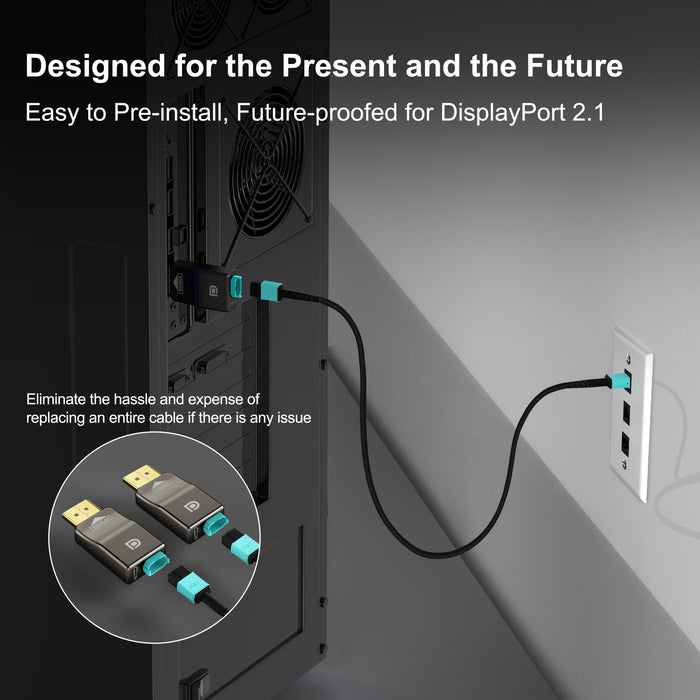 Detachable DisplayPort connector design for easy installation through conduits and tight spaces, future-proofed for DisplayPort 1.4 systems.