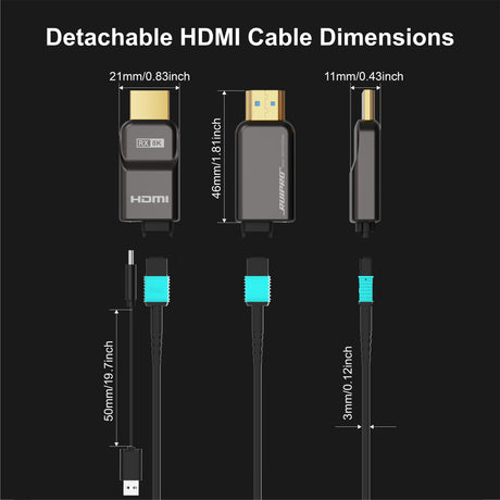 Detachable HDMI cable dimensions and connector size guide for easy routing through conduits, tight spaces, and home theater setups.