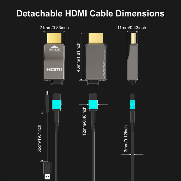 Detachable HDMI cable dimensions and connector size guide for easy routing through conduits, tight spaces, and home theater setups.