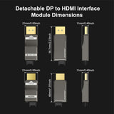 Dimensions of RUIPRO detachable DisplayPort to HDMI fiber optic modules with detailed measurements