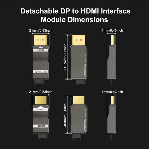 Dimensions of RUIPRO detachable DisplayPort to HDMI fiber optic modules with detailed measurements