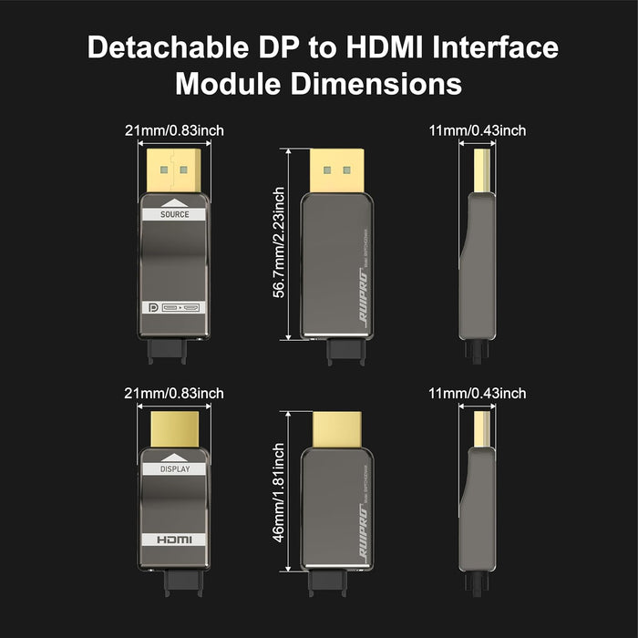 Dimensions of RUIPRO detachable DisplayPort to HDMI fiber optic modules with detailed measurements