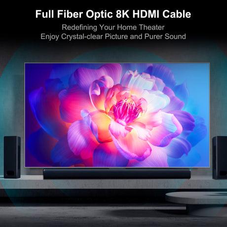 Full fiber optic 8K HDMI cable delivering crystal-clear picture quality for home theater systems, supporting 8K60Hz and 4K120Hz playback.
