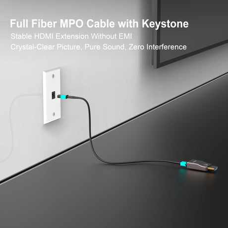 RUIPRO full fiber MPO cable used with detachable 8K fiber HDMI cable for EMI-free signal extension through wall.