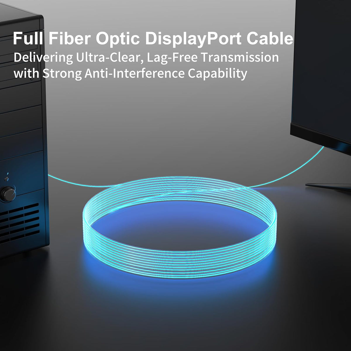 Full fiber optic DisplayPort cable providing ultra-clear, low latency, interference-free signal transmission suitable for high-end displays and gaming systems