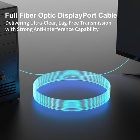 Full fiber optic DisplayPort cable providing ultra-clear, low latency, interference-free signal transmission suitable for high-end displays and gaming systems