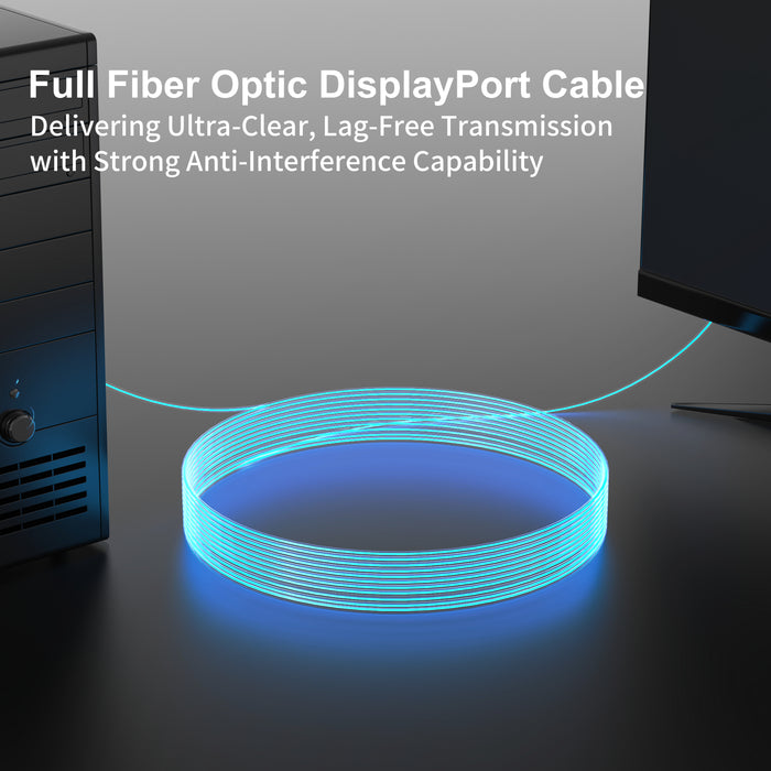 Full fiber optic DisplayPort cable providing ultra-clear, low latency, interference-free signal transmission suitable for high-end displays and gaming systems