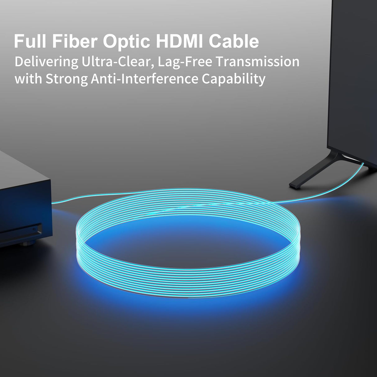 Full fiber optic HDMI cable delivering ultra-clear image transmission with strong anti-interference performance and long distance stability.