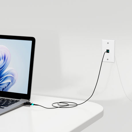 In-wall HDMI fiber extension using RUIPRO MPO keystone wall plate for home or office setups.