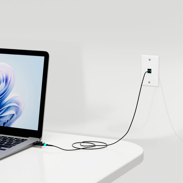 In-wall HDMI fiber extension using RUIPRO MPO keystone wall plate for home or office setups.