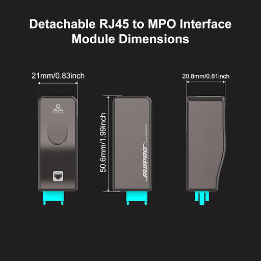 Dimensions of RUIPRO detachable RJ45 to MPO active fiber Ethernet modules for compact installation
